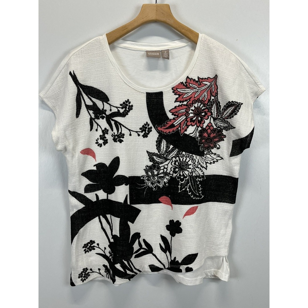 Chico's textured Shirt Top Sz 2 US Large Black White Pink Floral Short Sleeve